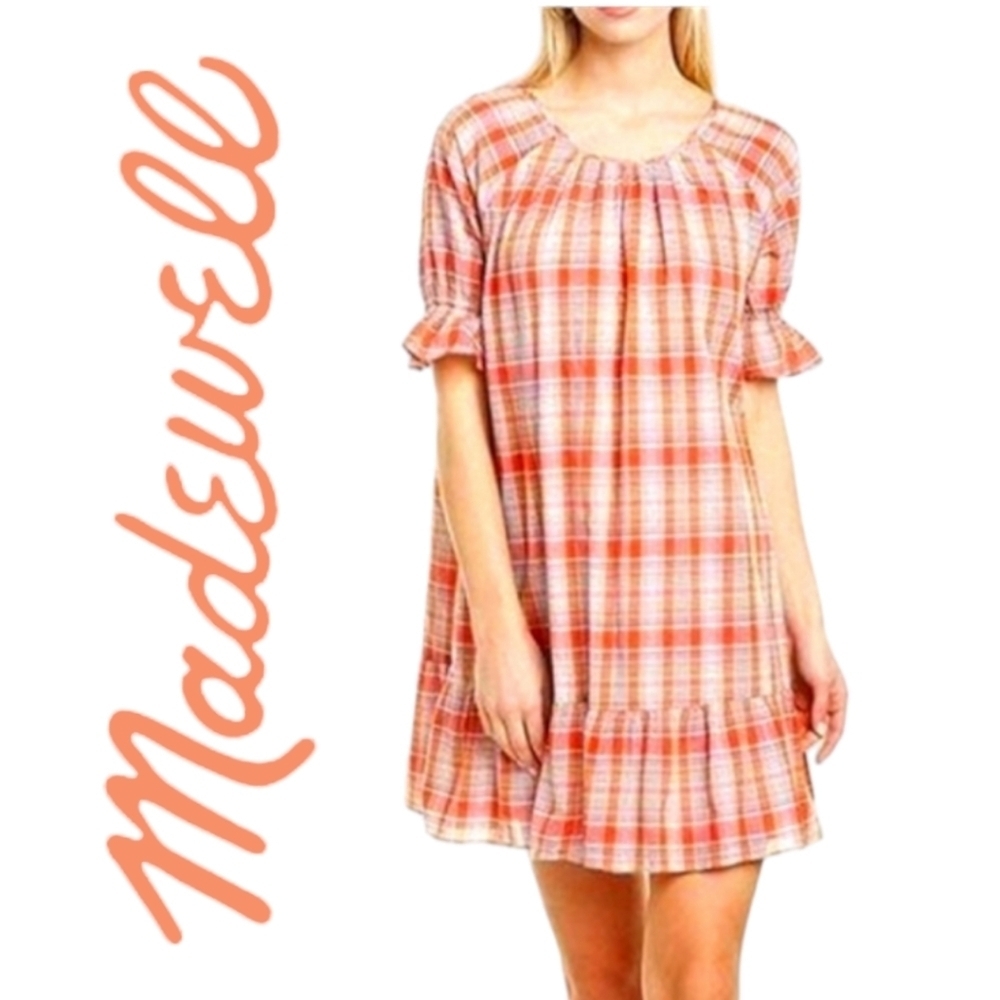 Madewell Mini Shift Dress Pink Orange Plaid Scoop Neck Ruffle Sleeve/Hem XXS NWT